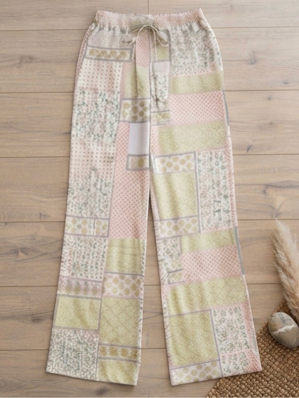 See You Monday| costal Patchwork Print Wide-Leg Pants in Pastel Pink & Sage